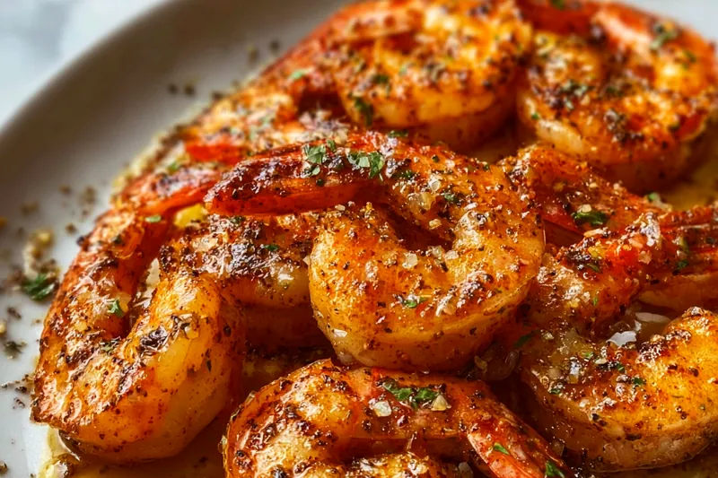 Cajun shrimp sizzling in a hot skillet with vibrant red spice coating and herbs, showing perfect searing technique