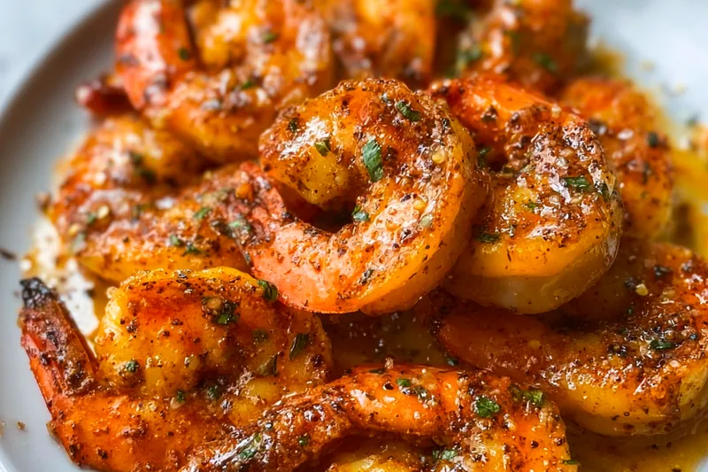 Fresh large shrimp arranged with colorful Cajun spices including paprika, cayenne, and herbs on a wooden cutting board