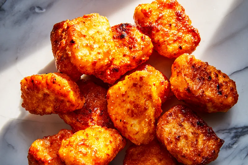 Cooking process of fish nuggets frying in a skillet with sizzling oil.
