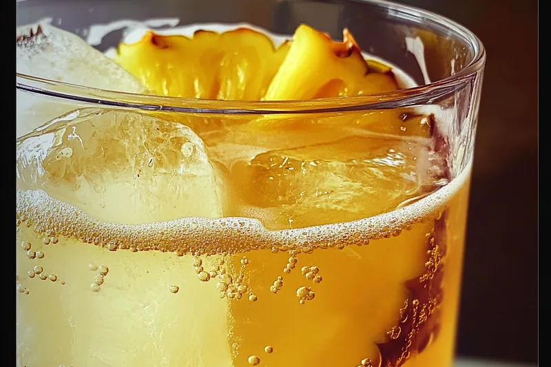 Hands muddling fresh pineapple chunks in a highball glass, showing proper technique for cocktail preparation