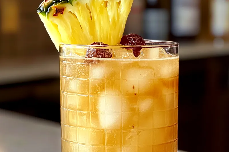 Bourbon bottle, fresh pineapple chunks, lemons, simple syrup, and sparkling water arranged on a rustic wooden bar surface