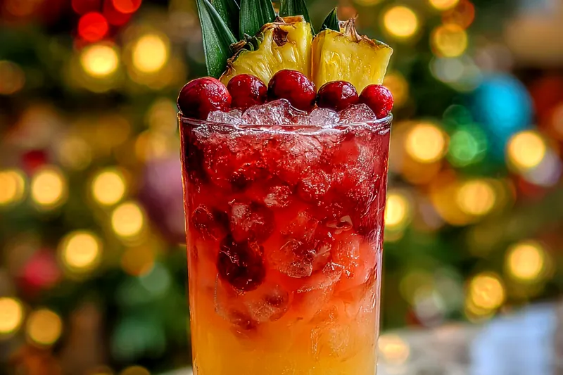 A refreshing Festive Pineapple Cranberry Cocktail being poured into a glass, showcasing its vibrant color and garnishes.
