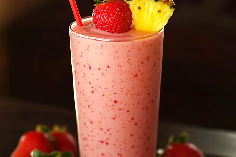 A blender mixing the pineapple and strawberry ingredients to create a smooth consistency.