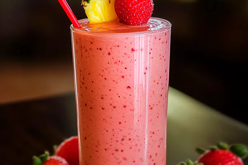 Fresh ingredients for Refreshing Pineapple Strawberry Smoothie including pineapple, strawberries, banana, and yogurt.