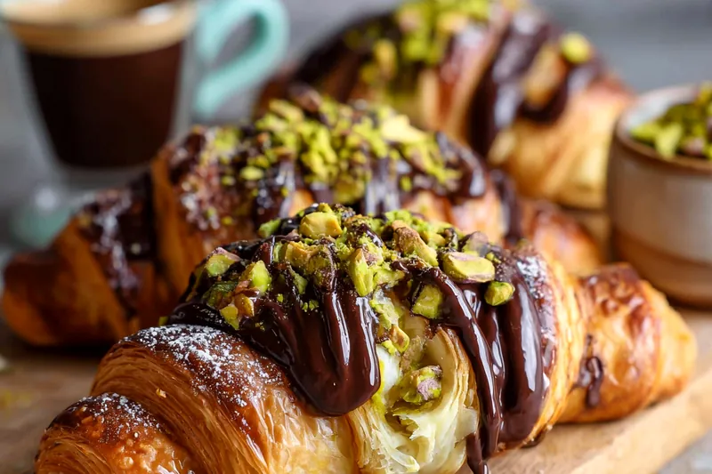 Hands rolling pistachio chocolate croissant dough, showing the laminated layers and filling placement technique on a floured marble surface