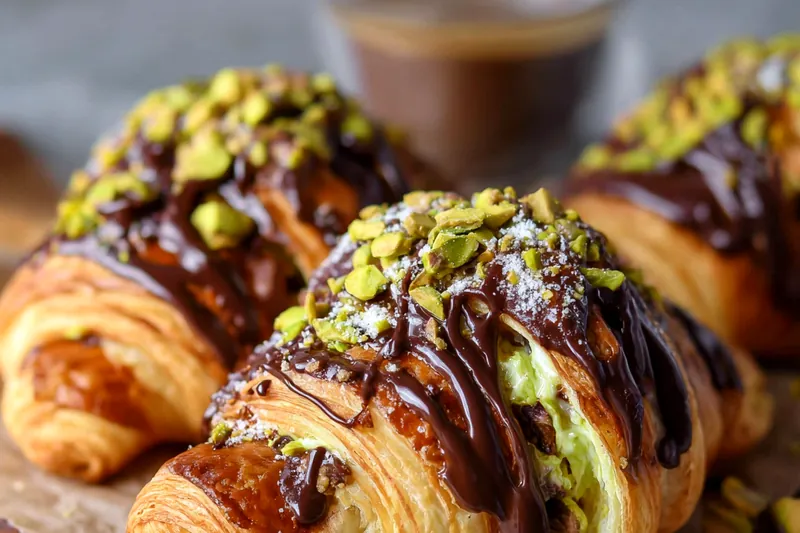 Premium French pastry ingredients including European butter, dark chocolate chunks, roasted pistachios, and bread flour arranged on a marble surface