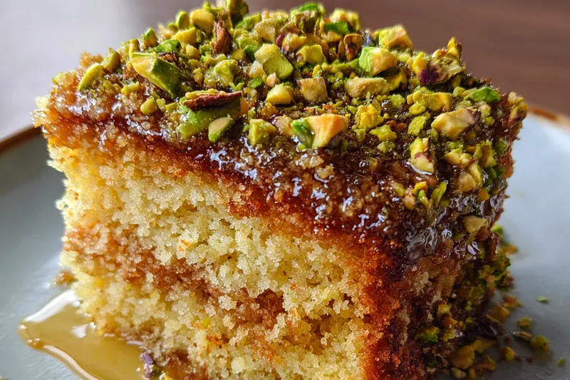 A step-by-step collage of preparing Pistachio Nut Delight Cake showcasing batter mixing, pouring into the cake pan, and the finished cake.