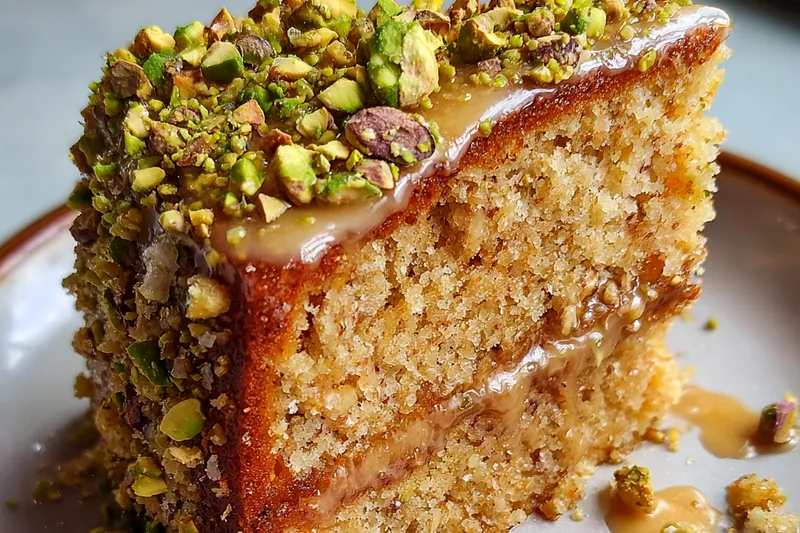 Fresh pistachios and cake ingredients spread out on a kitchen counter ready for baking.