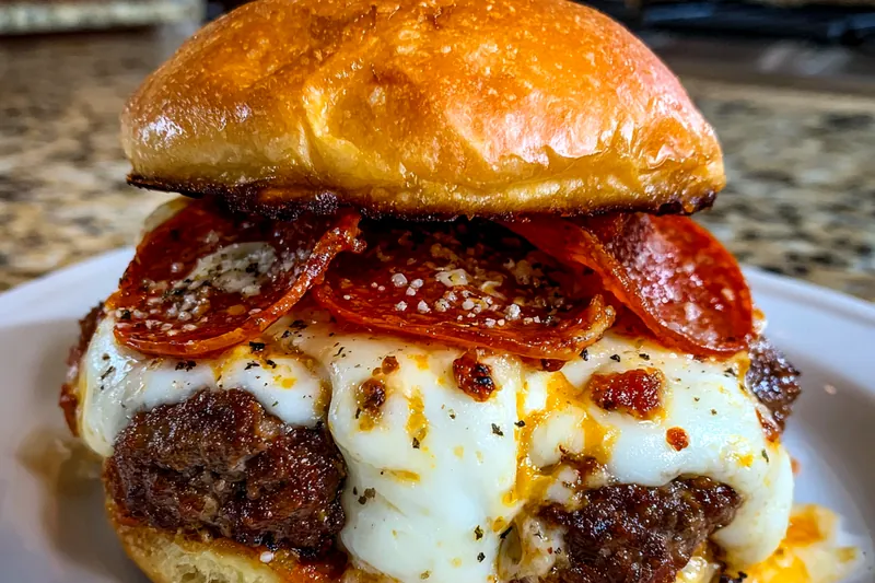 An arranged setup of fresh ingredients for Savory Pizza-Style Burgers, including ground meat, cheese, and herbs.