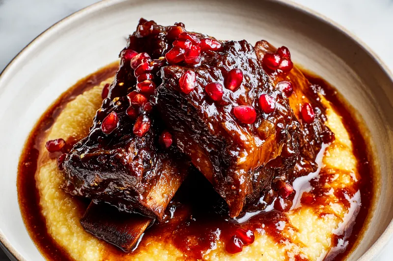 Close-up action shot of deeply browned short ribs being turned in a Dutch oven with tongs, steam rising, with golden-brown fond visible on the bottom of the pot