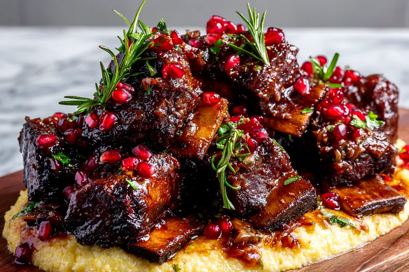 Overhead view of recipe ingredients arranged on a marble surface: raw beef short ribs, fresh pomegranate halves, bottle of red wine, fresh thyme sprigs, garlic cloves, yellow onion, and containers of polenta and beef stock