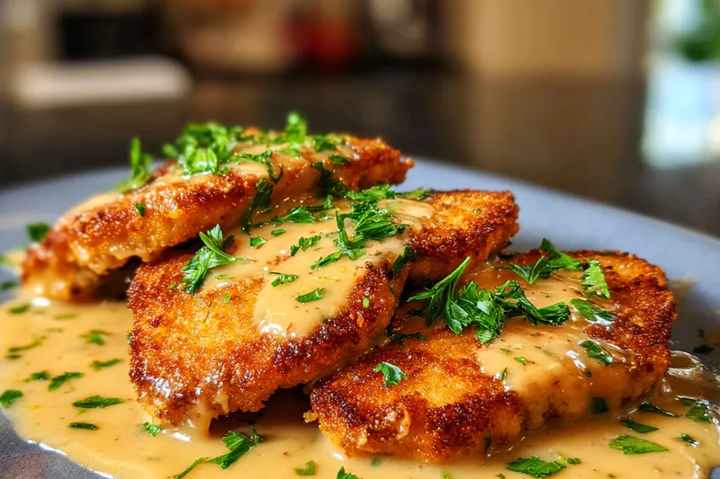 A chef frying crispy pork schnitzels in a hot skillet, showcasing the golden color.