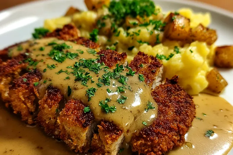 Pork schnitzel sizzling in hot oil in cast iron skillet, showing golden brown coating and bubbling oil around edges