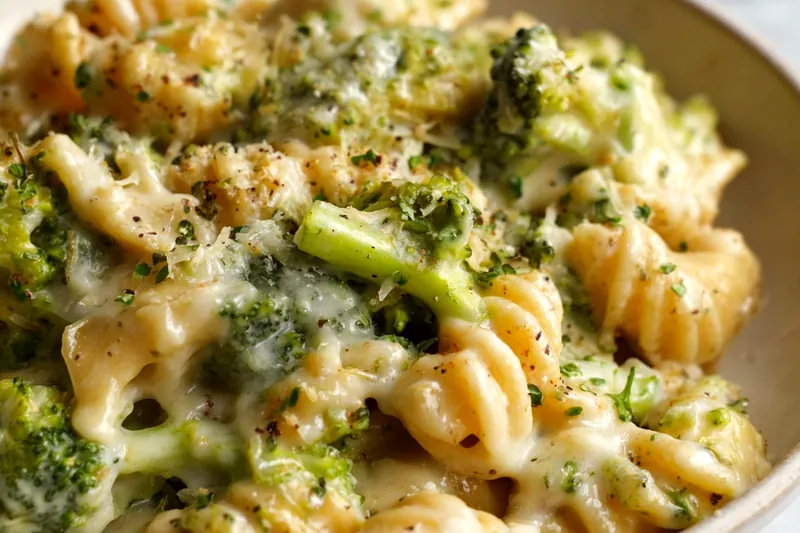 Creamy four-cheese sauce being stirred in a saucepan, showing the smooth, golden texture with melted cheese perfectly incorporated