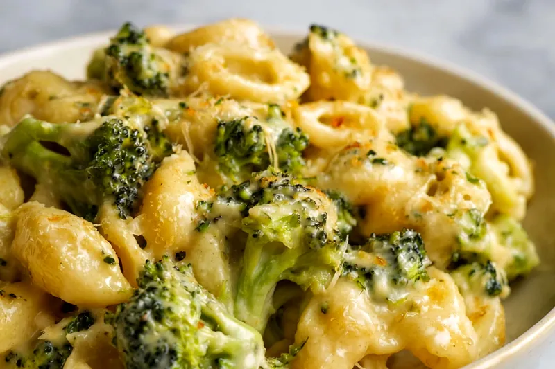 Fresh ingredients for broccoli mac and cheese including raw pasta, bright green broccoli florets, various cheeses, and dairy products arranged on a marble counter