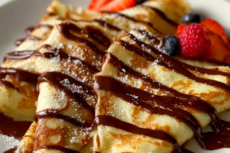 A golden crepe being swirled in a non-stick pan, showing the proper technique for spreading batter evenly