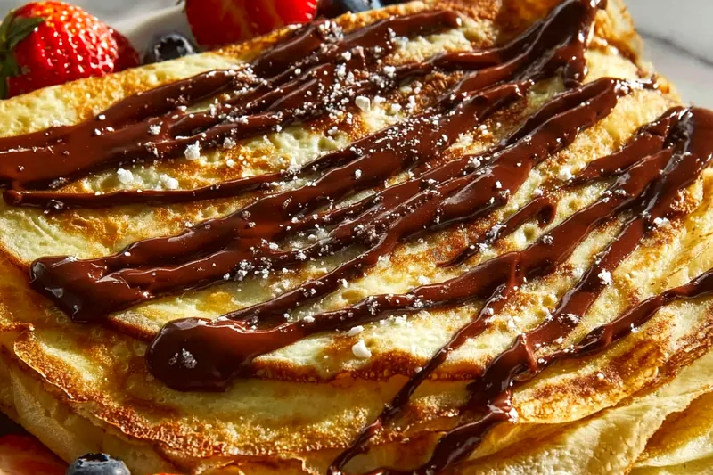 Crepe ingredients including eggs, milk, flour, and butter arranged on a marble countertop with a whisk and measuring cups