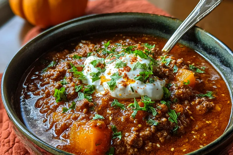 Colorful ingredients for pumpkin chili spread out on a table