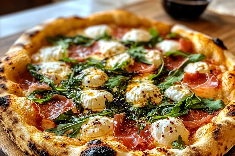 Chef Mitchell skillfully placing Prosciutto and Burrata Delight Pizza into a hot oven, showcasing the cooking process.