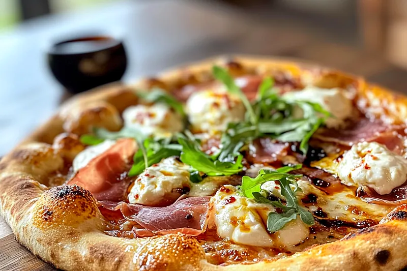 A colorful display of ingredients for Prosciutto and Burrata Delight Pizza on a rustic wooden table.