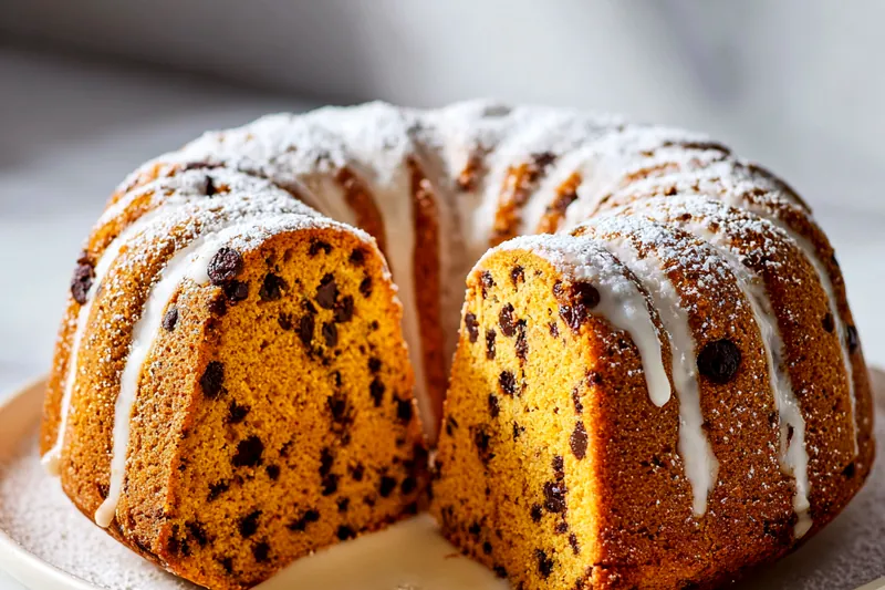 Ingredients for pumpkin chocolate chip cake including pumpkin puree, flour, eggs, spices, and chocolate chips arranged on a wooden surface