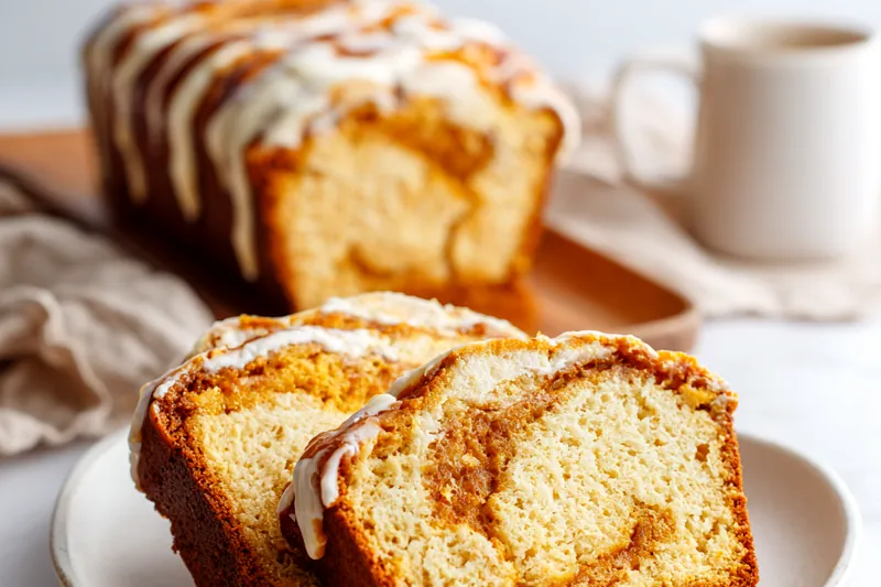 Pumpkin bread batter being swirled with cream cheese filling in a loaf pan, showing the marbling technique