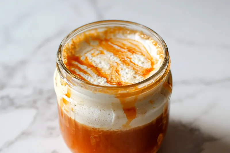 Simmering pumpkin marshmallow syrup bubbling in a saucepan