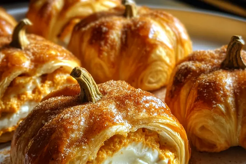 Step-by-step process showing crescent roll triangles being filled with spiced pumpkin mixture, rolled up, and brushed with egg wash before baking