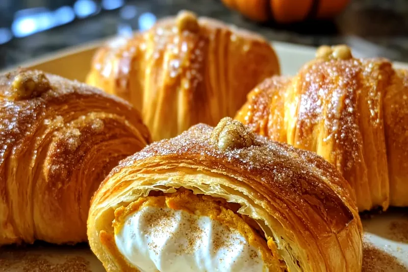 Autumn baking ingredients including pumpkin puree, warm spices, crescent roll dough, cream cheese, and brown sugar arranged on rustic wooden surface with fall decorations