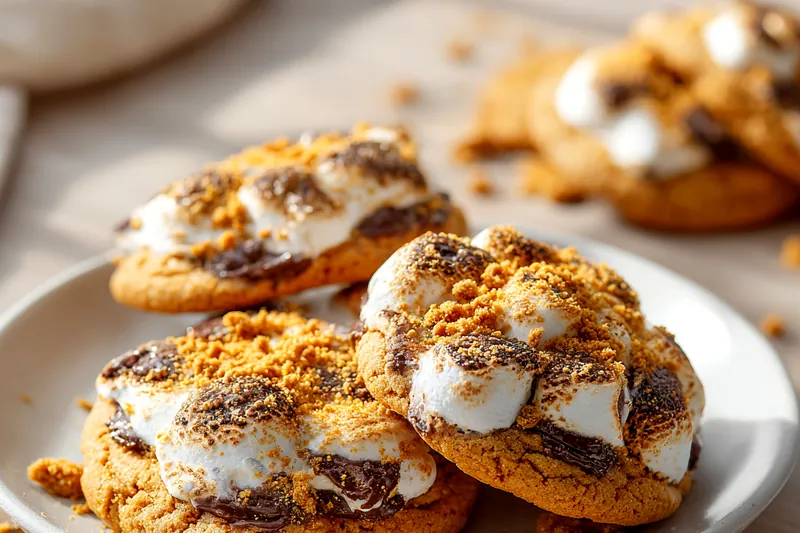 Cookie ingredients including pumpkin puree, chocolate chunks, mini marshmallows, graham crackers, butter, and warm spices arranged on a kitchen counter