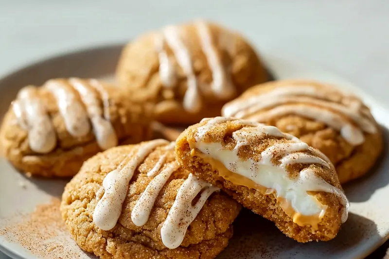 Side view of pumpkin cookie dough balls being rolled in a shallow bowl of cinnamon sugar mixture, showing the coating process, with a baking sheet lined with parchment paper and more coated dough balls ready to bake in the background