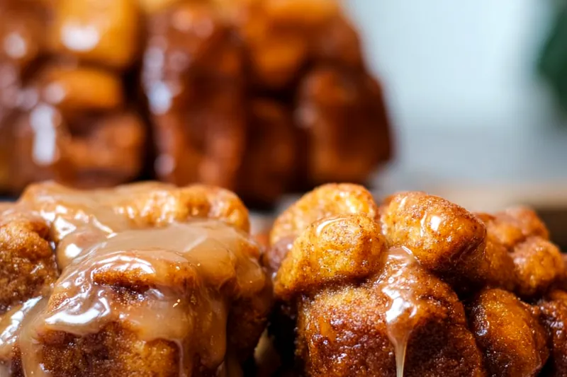 Golden pumpkin spice monkey bread baking in the oven with visible cinnamon-sugar coating and beautiful golden-brown color developing
