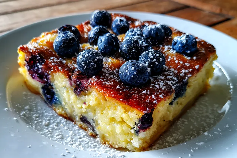 The cooking process of Quick Blueberry Breakfast Casserole showing the mixing of ingredients and layering in the baking dish.
