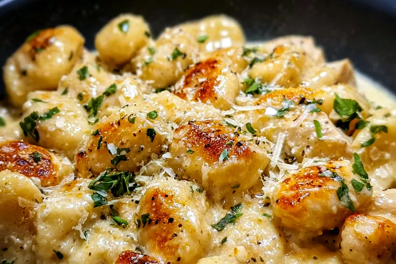 Creamy chicken gnocchi cooking in a large skillet with melted cheese being stirred in, creating a rich, glossy sauce