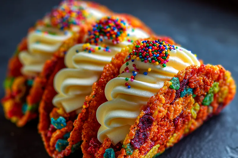 Colorful ingredients for rainbow cereal tacos including Fruity Pebbles cereal, marshmallows, cream cheese, heavy cream, and rainbow sprinkles arranged on a white surface