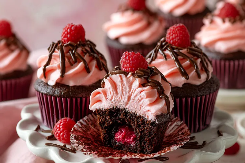 Close-up of chocolate cupcake batter being poured into burgundy liner, with spoonful of bright red raspberry preserves being added to center, showing the layering technique for creating the molten lava center