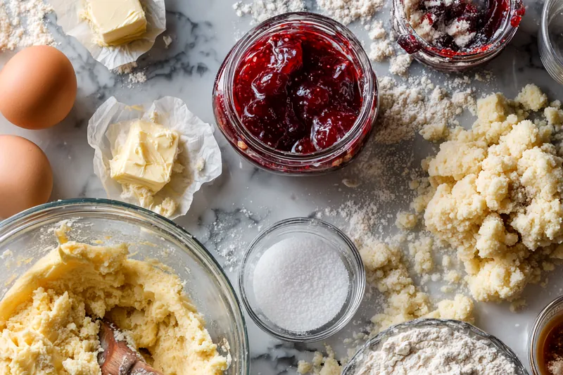 Baking ingredients including butter, flour, raspberry jam, oats, and brown sugar arranged for making raspberry crumble cookies