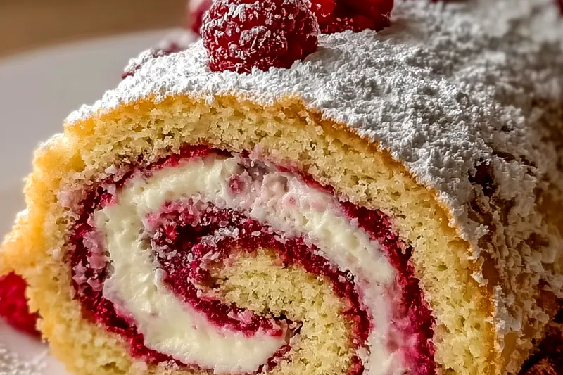 Step-by-step process showing the elegant rolling technique, raspberry swirl creation, and final decoration of the Christmas roll cake