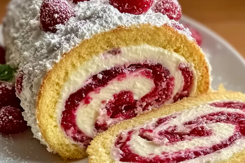 Elegant baking ingredients including fresh raspberries, eggs, cream cheese, and flour arranged on marble surface with festive holiday decorations