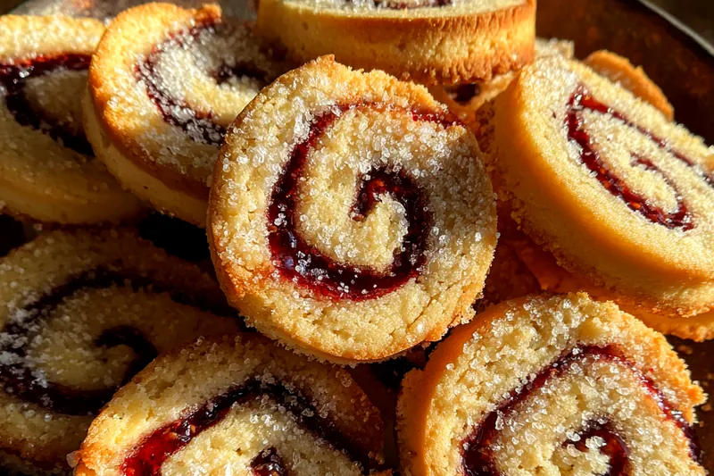 A baking tray filled with freshly baked Delightful Raspberry Swirl Cookies, showcasing their golden edges and raspberry swirls.