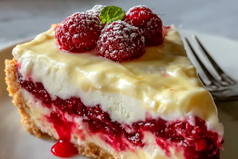 Overhead view of all ingredients for raspberry white chocolate cheesecake arranged on a white marble countertop, including blocks of cream cheese, a bowl of white chocolate chips, fresh red raspberries in a basket, graham crackers, a stick of butter, a jar of raspberry preserves, heavy cream in a glass measuring cup, and small bowls of sugar and vanilla extract