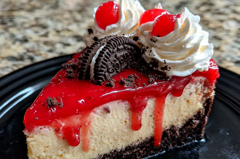 The baking process of Decadent Red Velvet Cheesecake in the oven, showcasing its rising texture.