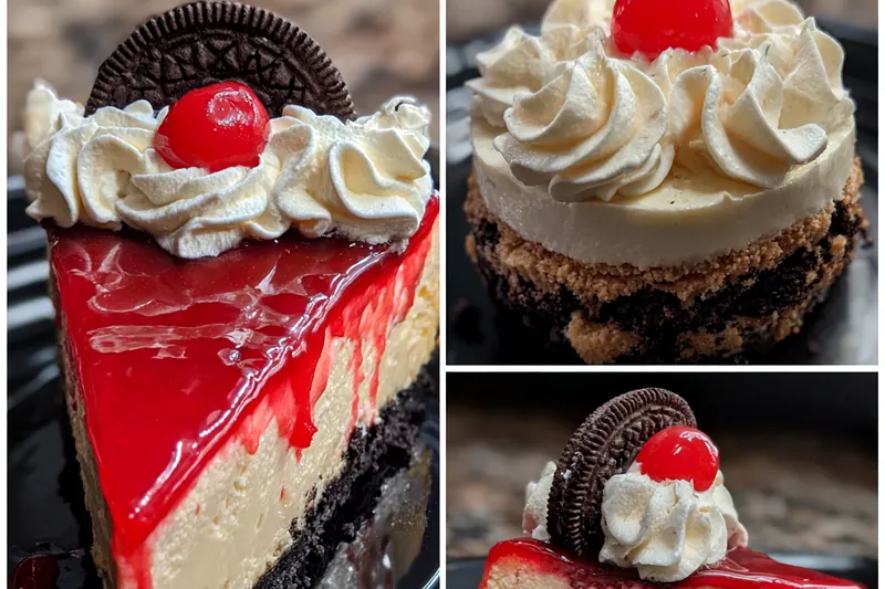 A collection of ingredients for Decadent Red Velvet Cheesecake displayed on a wooden table.