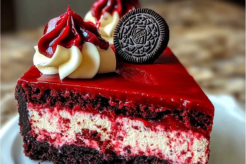 Red velvet cheesecake baking in water bath showing the vibrant red color and smooth surface before cooling