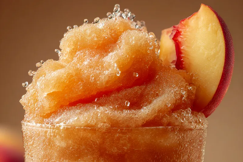 Fresh peaches, ice cubes, lemon, simple syrup, and vanilla extract arranged on a marble countertop with a high-powered blender in the background