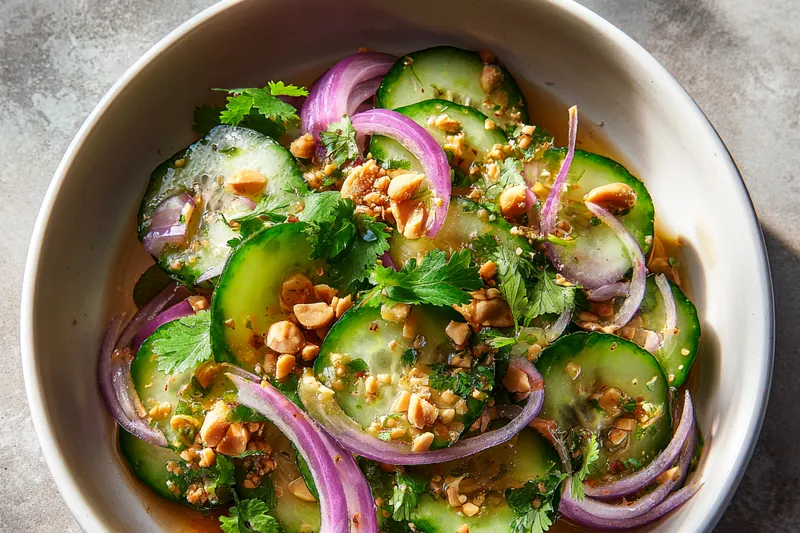 Chef mixing together the ingredients for Refreshing Thai Cucumber Salad in a bright bowl.
