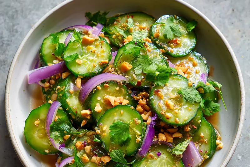 A beautiful arrangement of fresh ingredients for Thai Cucumber Salad including cucumbers, cilantro, and peanuts.