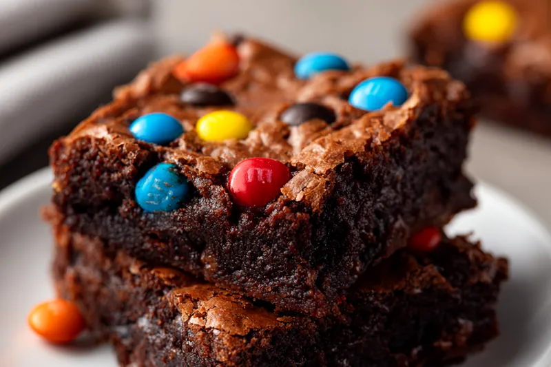 Brownie batter being spread in a parchment-lined pan with M&Ms scattered on top, ready to go into the oven