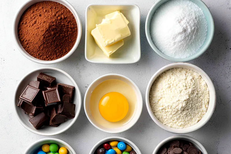 Ingredients for M&M brownies including melted butter, cocoa powder, flour, eggs, sugar, chocolate chips, and colorful M&M candies arranged on marble counter
