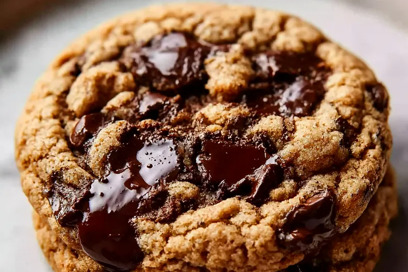 Espresso chocolate chip cookies baking in the oven, showing their rich brown color and slightly puffed texture with visible chocolate chips and espresso bean pieces